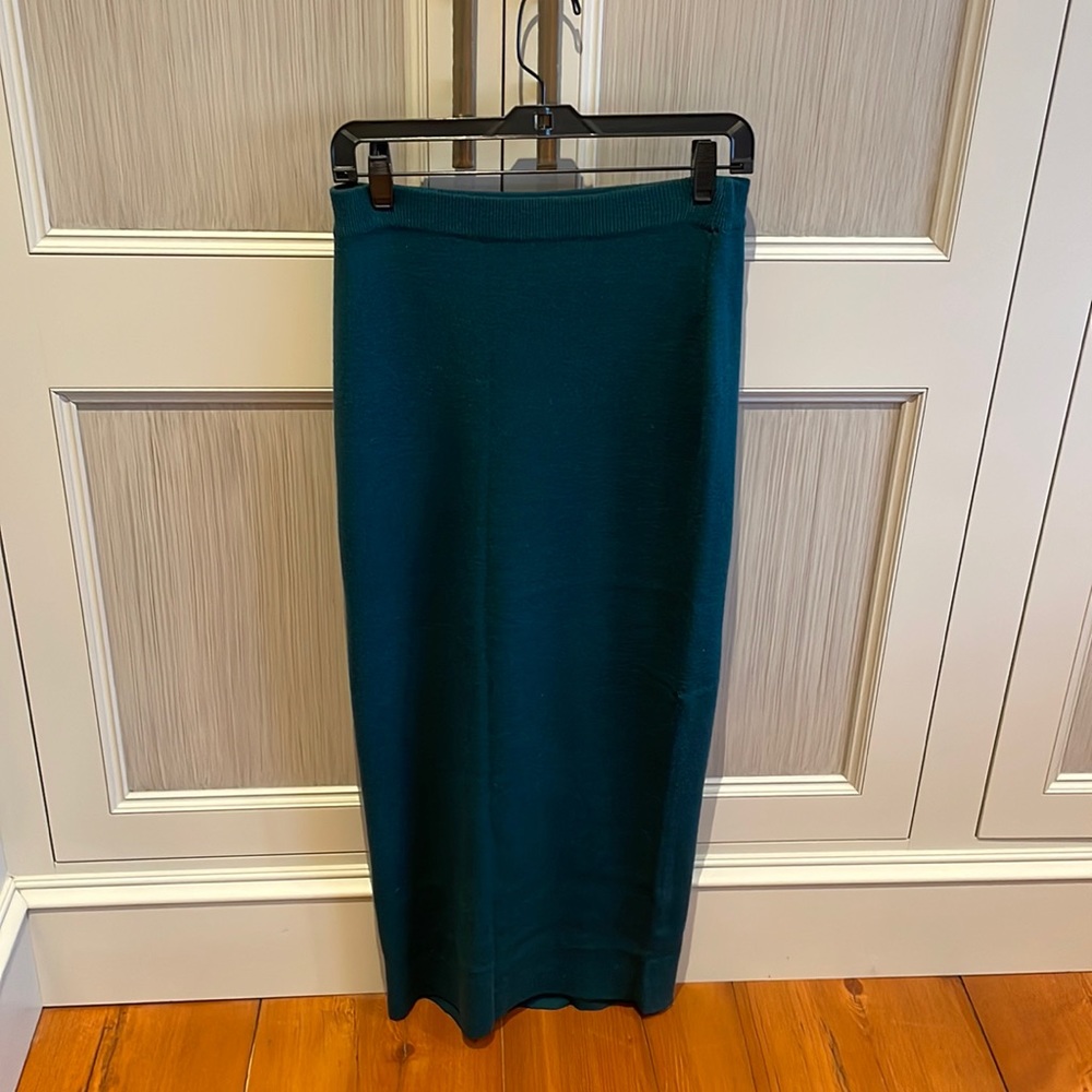 Eileen Fisher long teal wool knit skirt.